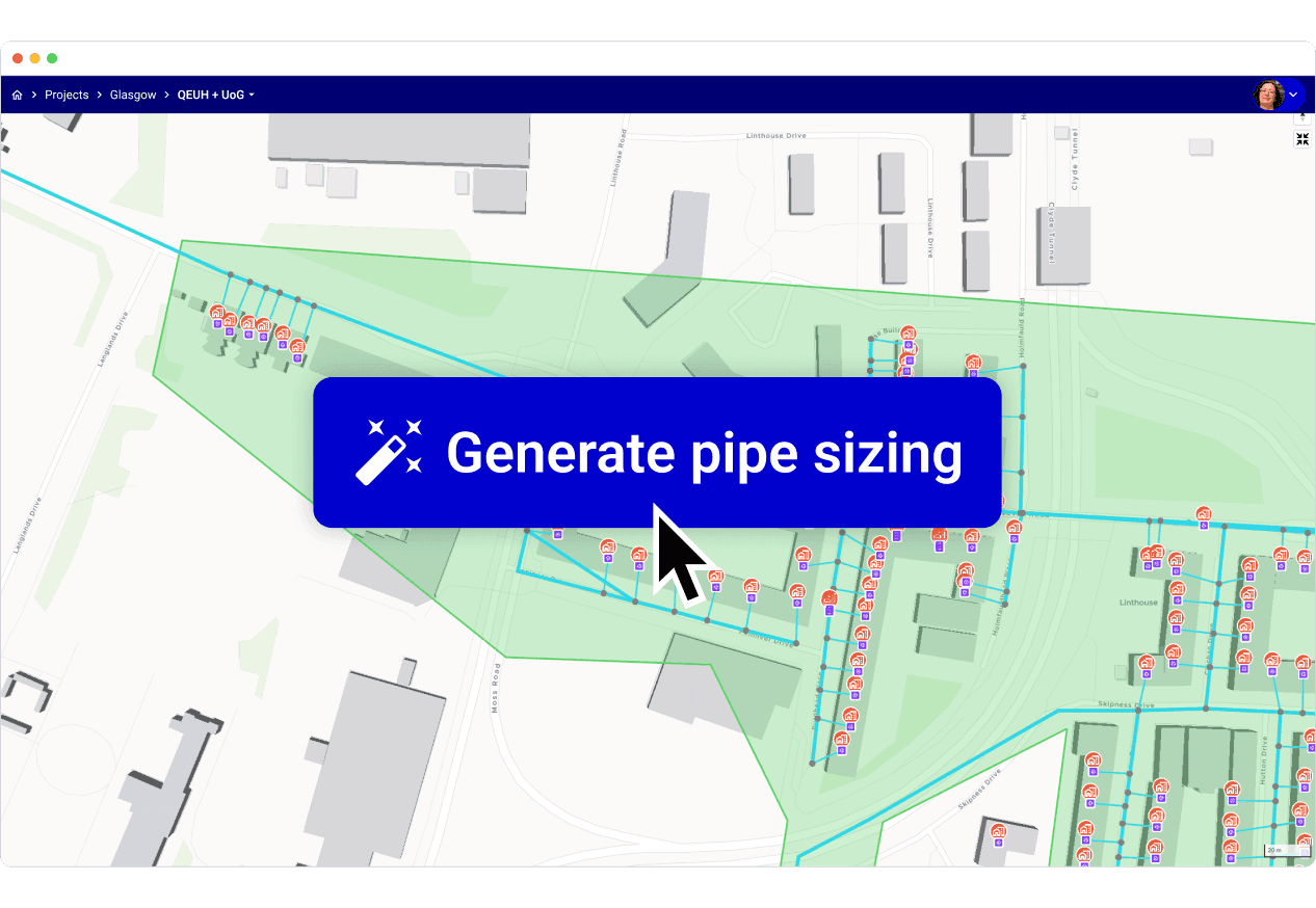 Pipe diameters and costs computed segment by segment