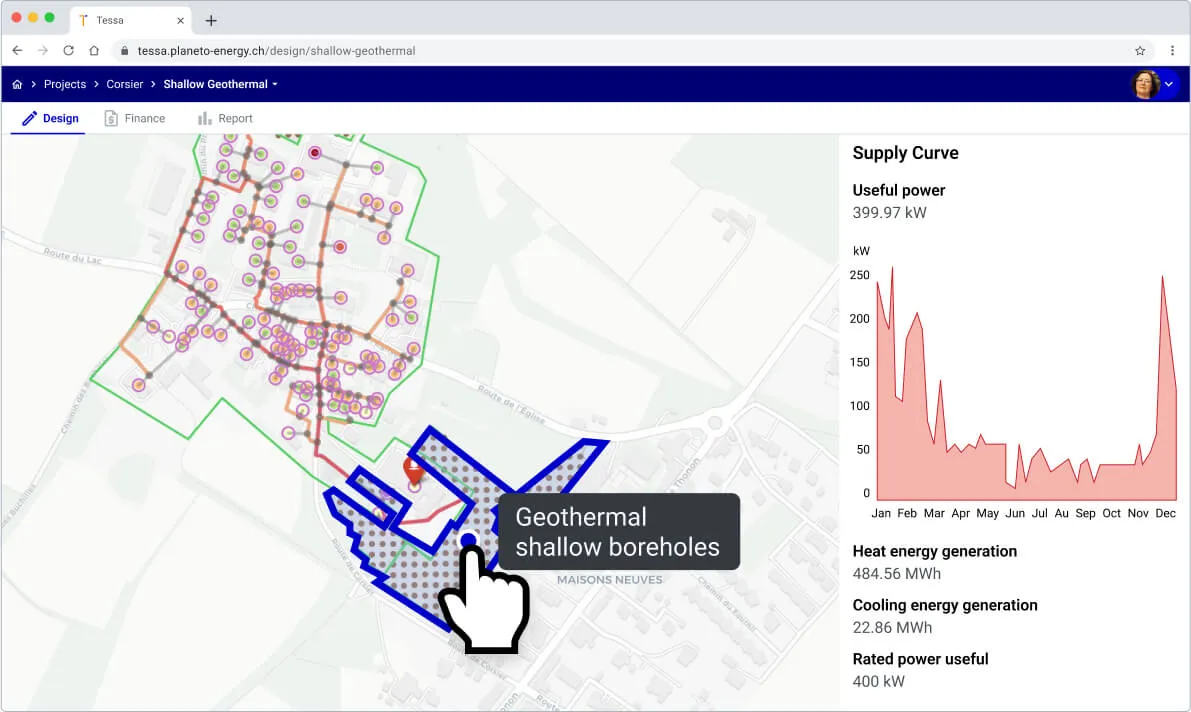 Shallow geothermal borehole field sized in Planeto, with the annual supply curve and heating and cooling energy generation