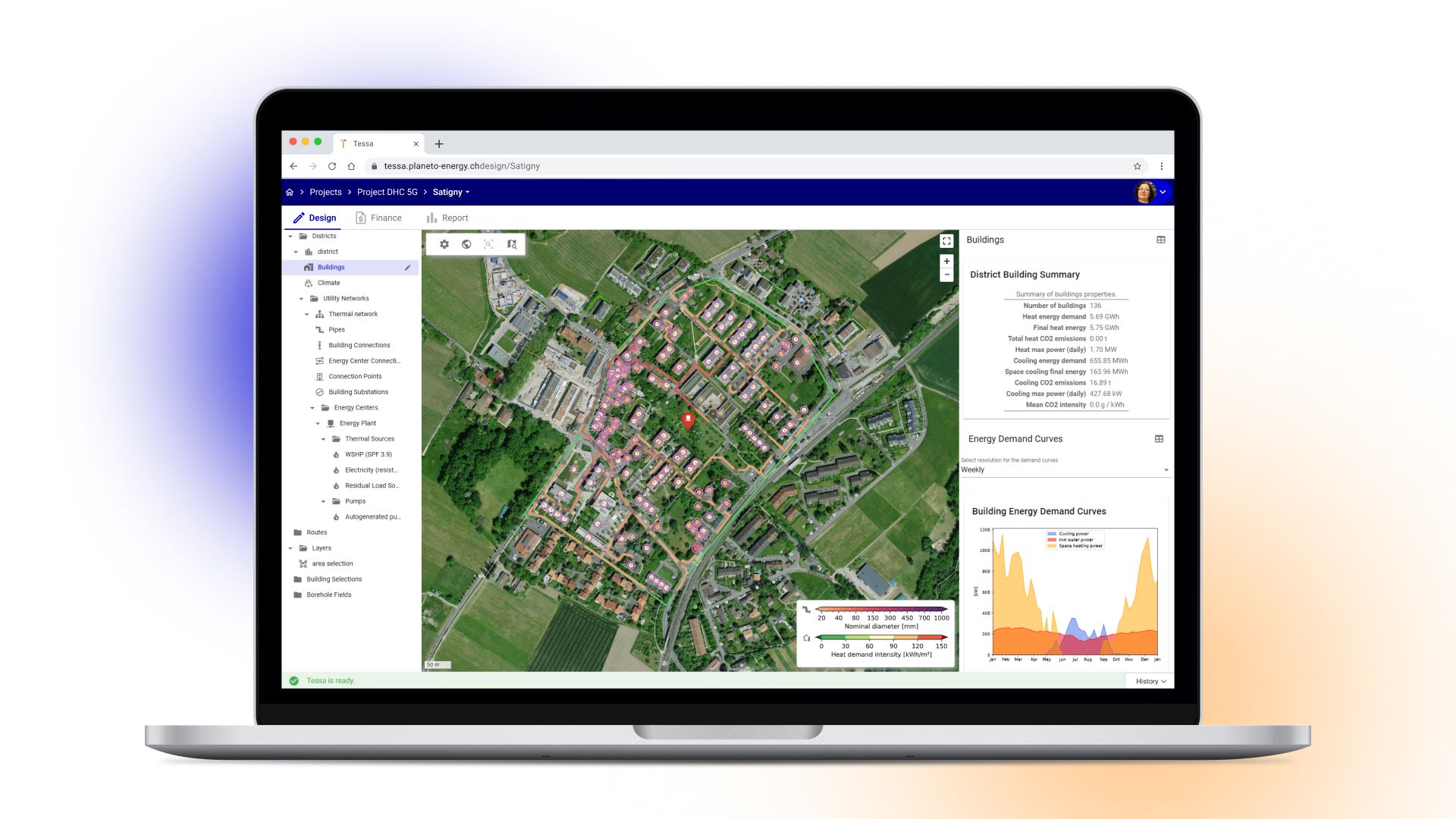 Vista di progetto di TESSA con un quartiere, edifici, riepilogo della domanda e curve energetiche