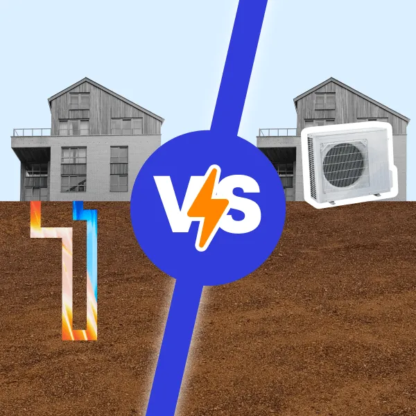 An air-source outdoor unit and a geothermal borehole field serving buildings on a shared underground loop An air-source outdoor unit and a geothermal borehole field serving buildings on a shared underground loop
